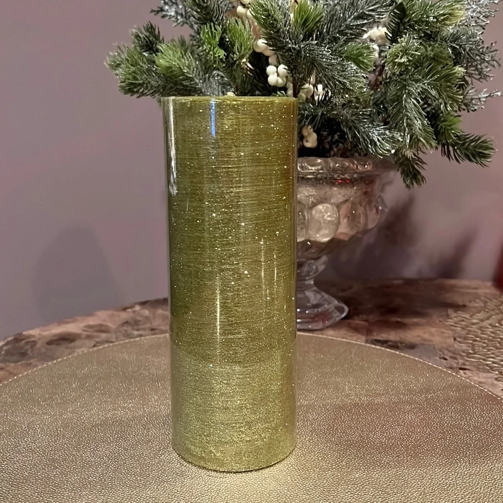 Crate & Barrel Green Shimmer Glitter Pillar Candle